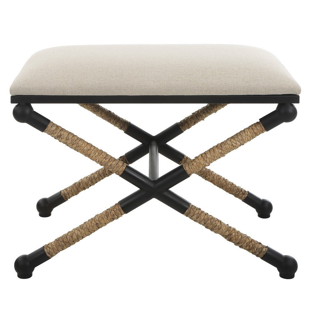 24 Inch Accent Stool, Cusioned Seat, Iron Black Frame, Off White Upholstery By Casagear Home