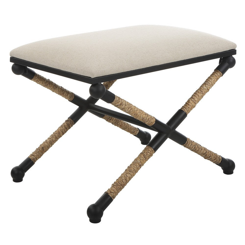 24 Inch Accent Stool Cusioned Seat Iron Black Frame Off White Upholstery By Casagear Home BM309570