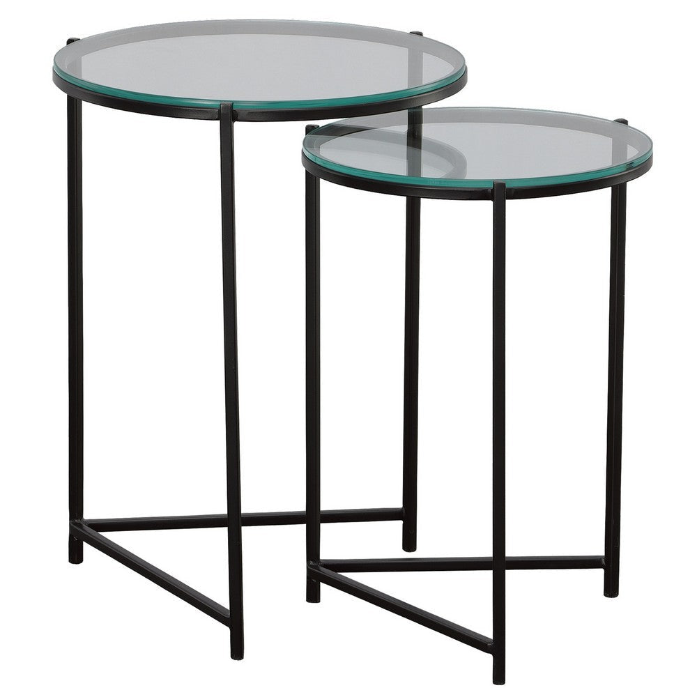 Set of 2 Nesting Tables, Round Clear Tempered Glass Tabletop, Black Frame By Casagear Home