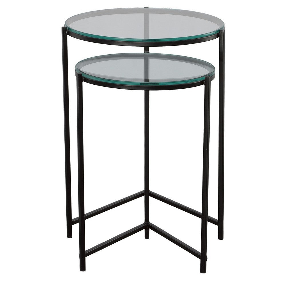 Set of 2 Nesting Tables Round Clear Tempered Glass Tabletop Black Frame By Casagear Home BM309571