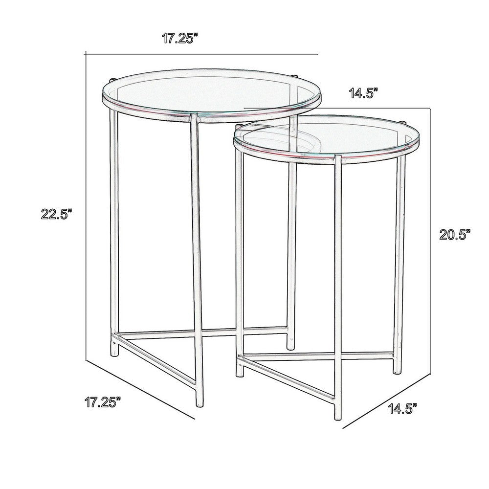 Set of 2 Nesting Tables Round Clear Tempered Glass Tabletop Black Frame By Casagear Home BM309571