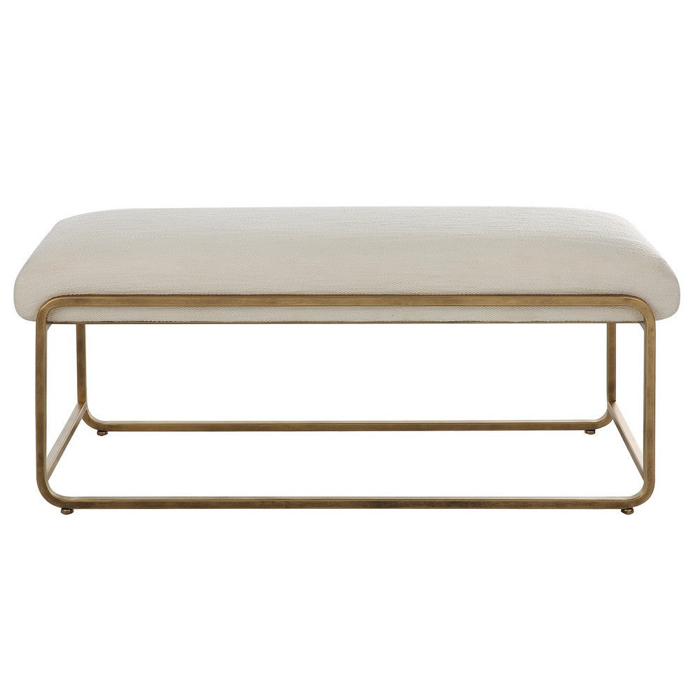 47 Inch Accent Stool Cushioned Antique Brushed Brass Frame Off White By Casagear Home BM309572