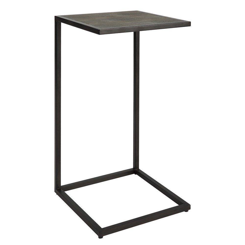 24 Inch Accent Table, Open C Shape, Gray Shagreen Top, Antique Black By Casagear Home