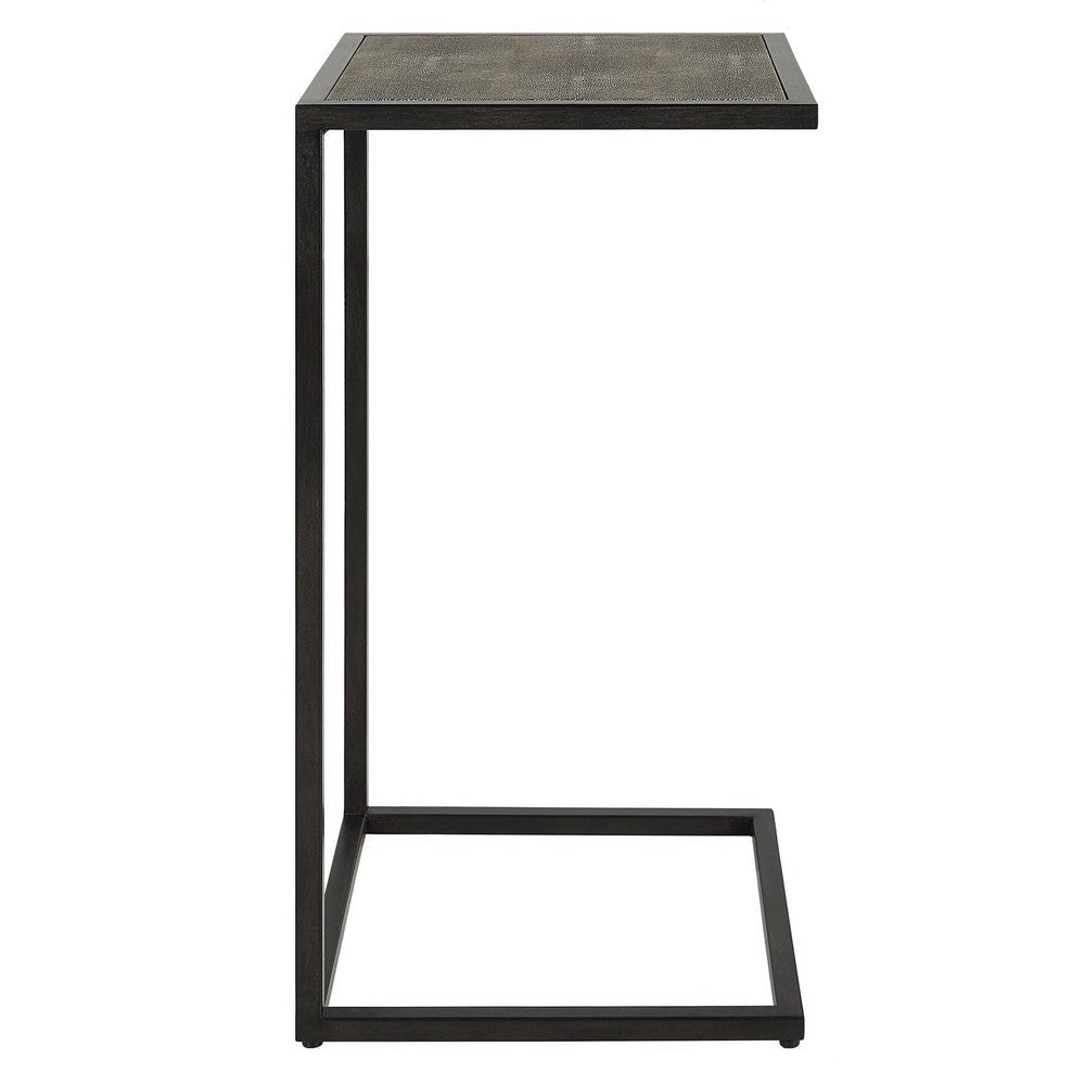 24 Inch Accent Table Open C Shape Gray Shagreen Top Antique Black By Casagear Home BM309574