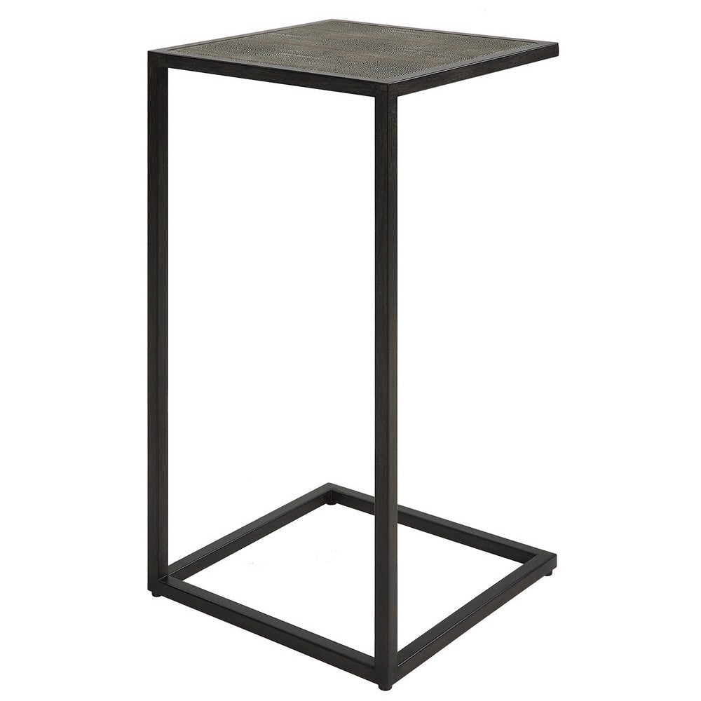 24 Inch Accent Table Open C Shape Gray Shagreen Top Antique Black By Casagear Home BM309574