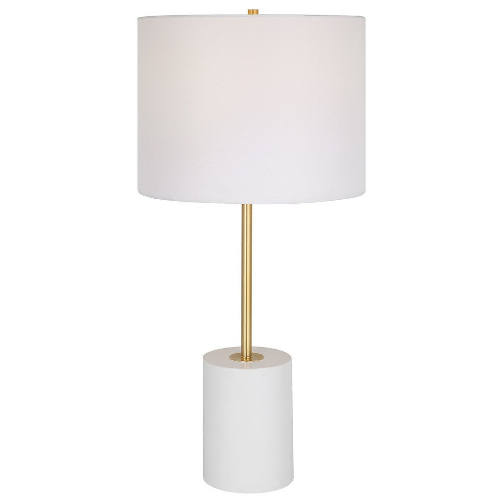 Lily 28 Inch Accent Lamp, Round Hardback Drum Shade, White Base, Gold By Casagear Home