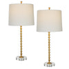 29 Inch Table Lamp, Set of 2, White Tapered Shade, Gold Leaf, Round Base By Casagear Home