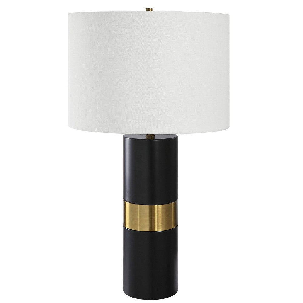 27 Inch Table Lamp White Round Hardback Drum Shade Black Gold Accents By Casagear Home BM309581