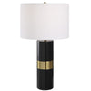 27 Inch Table Lamp, White Round Hardback Drum Shade, Black, Gold Accents By Casagear Home