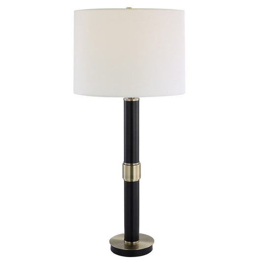 32 Inch Table Lamp, Slender Metal Body, White Drum Shade, Black, Gold By Casagear Home