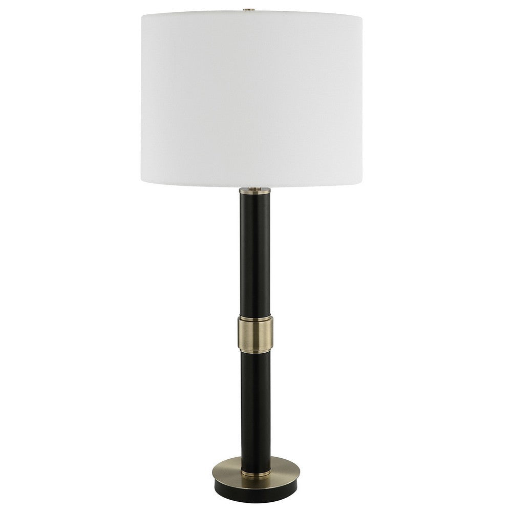 32 Inch Table Lamp Slender Metal Body White Drum Shade Black Gold By Casagear Home BM309582