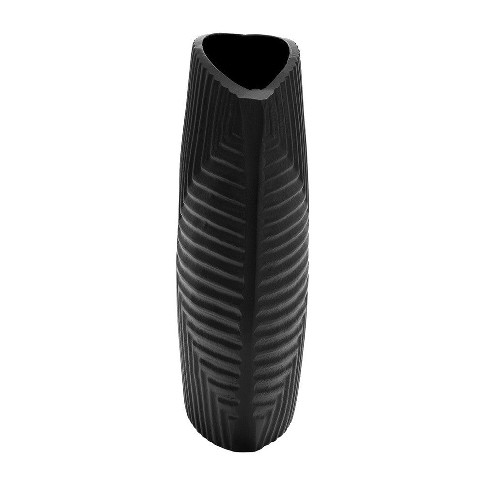 Ako 10 Inch Vase Metal Ribbed Body Design Curved Top Matte Black Finish By Casagear Home BM309617