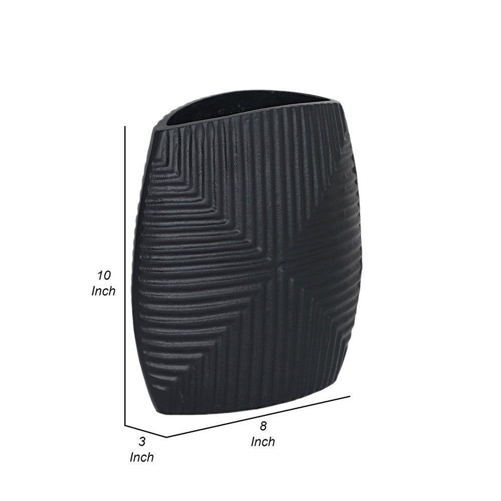 Ako 10 Inch Vase Metal Ribbed Body Design Curved Top Matte Black Finish By Casagear Home BM309617