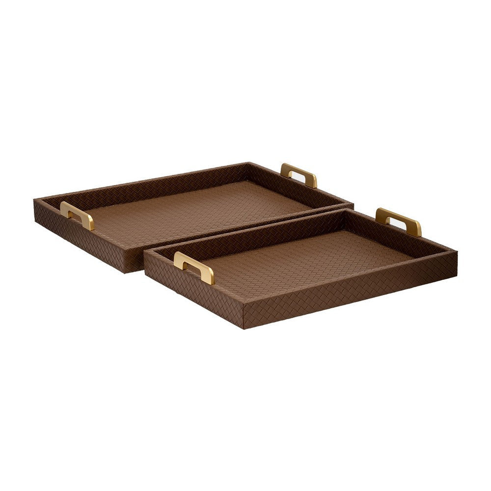 Eli 16, 18 Inch Set of 2 Trays, Stitched, Gold Handles, Brown Faux Leather By Casagear Home