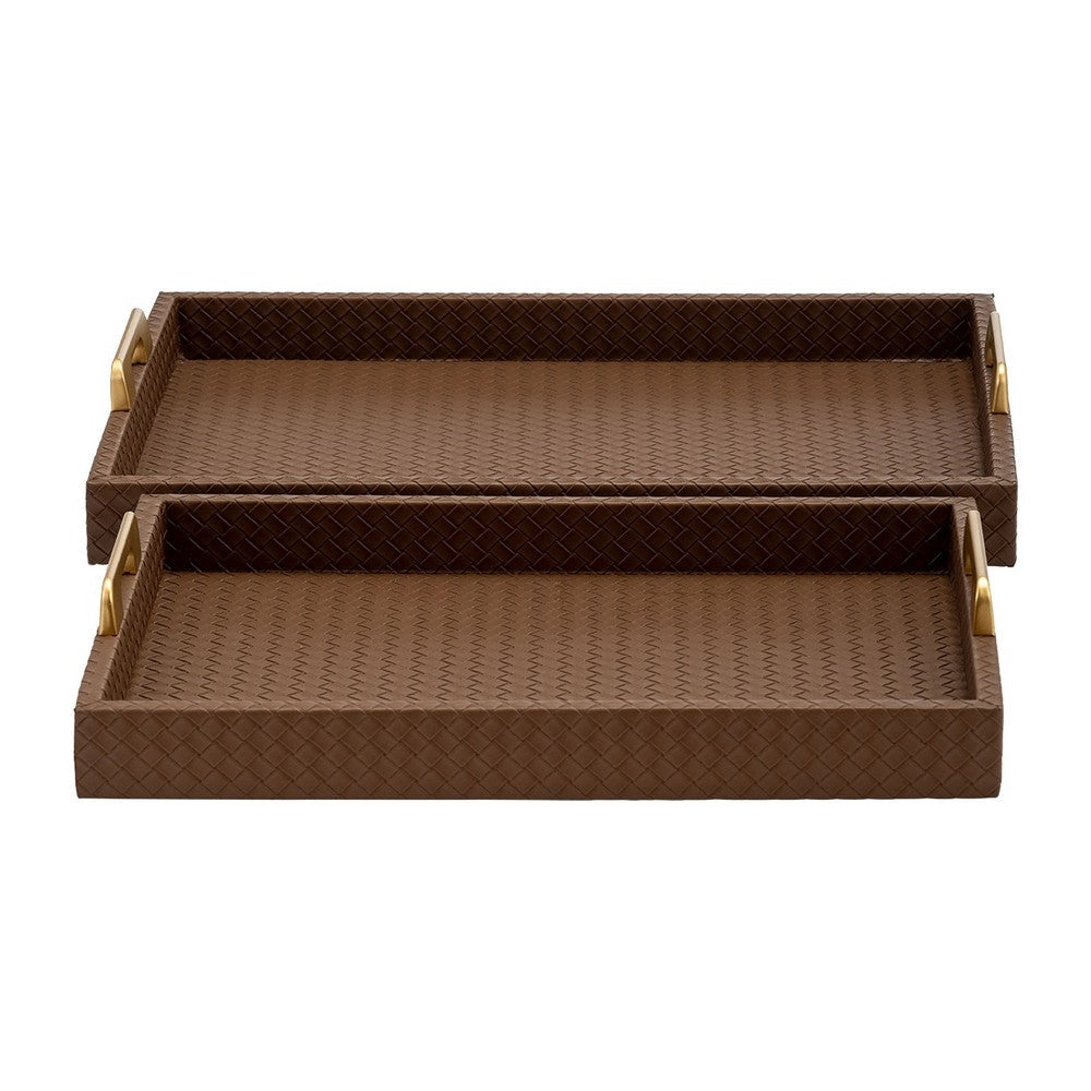 Eli 16 18 Inch Set of 2 Trays Stitched Gold Handles Brown Faux Leather By Casagear Home BM309619