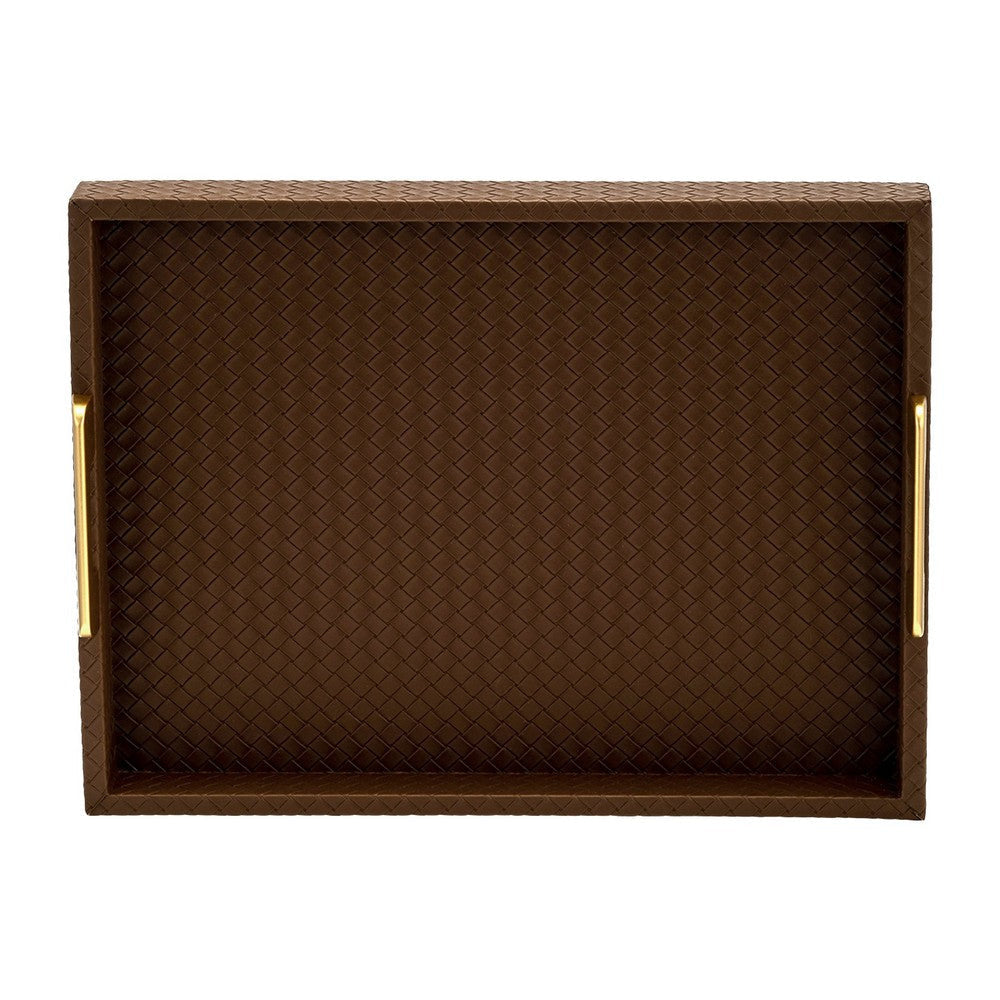 Eli 16 18 Inch Set of 2 Trays Stitched Gold Handles Brown Faux Leather By Casagear Home BM309619