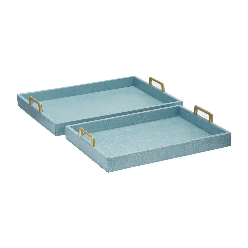 Eli 16, 18 Inch Set of 2 Trays, Stitched, Gold Handles, Blue Faux Leather By Casagear Home