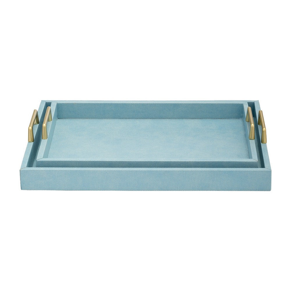 Eli 16 18 Inch Set of 2 Trays Stitched Gold Handles Blue Faux Leather By Casagear Home BM309620