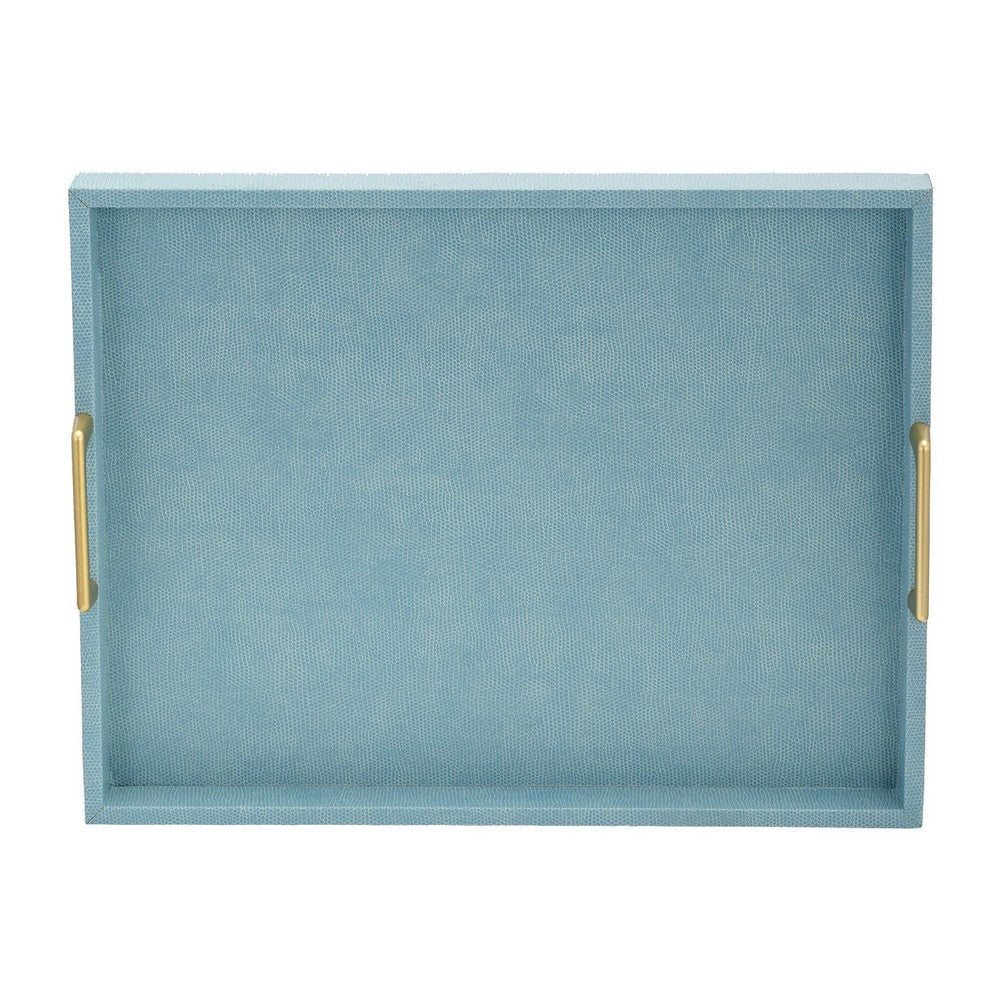 Eli 16 18 Inch Set of 2 Trays Stitched Gold Handles Blue Faux Leather By Casagear Home BM309620