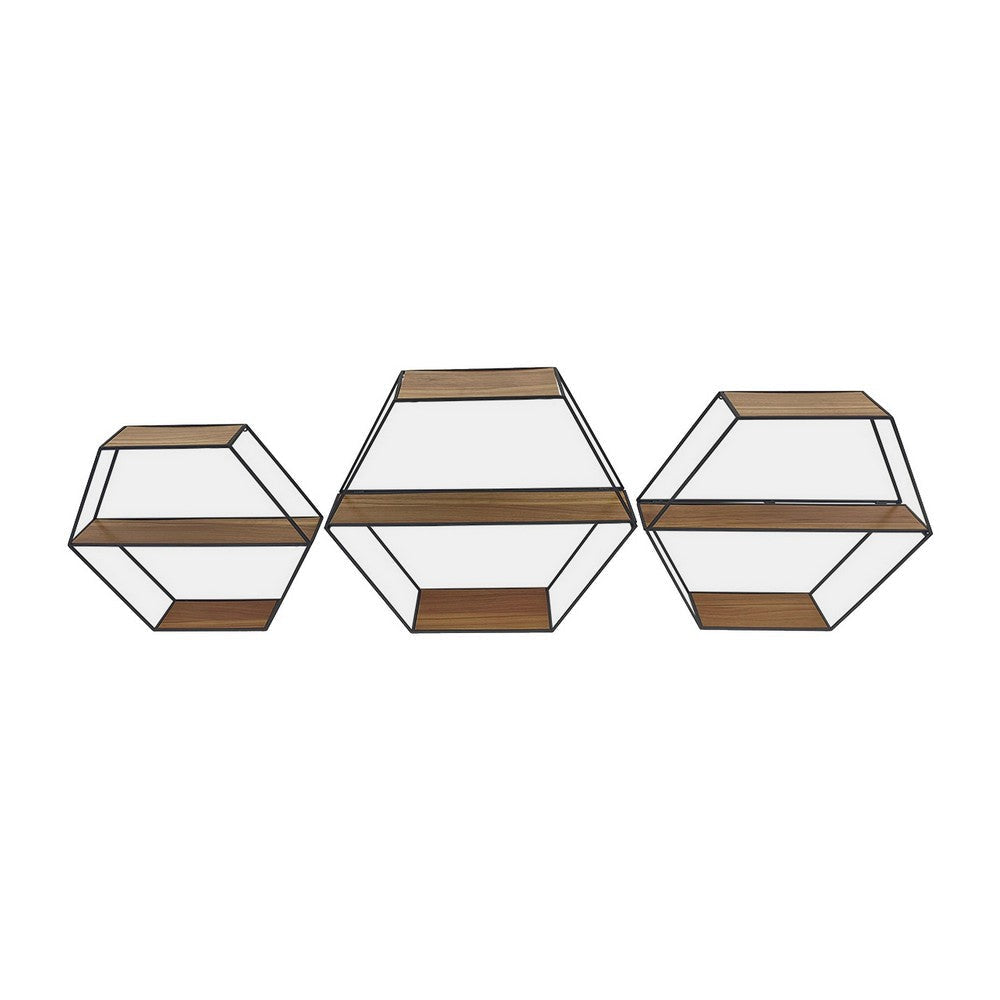 Fedo Wall Shelf Set of 3, Black Metal, Modern Hex Folding, Wood Brown By Casagear Home