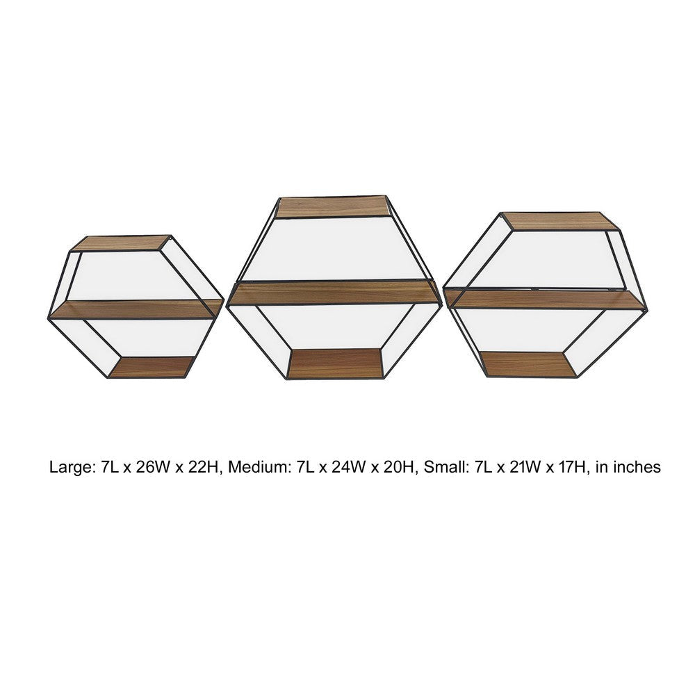 Fedo Wall Shelf Set of 3 Black Metal Modern Hex Folding Wood Brown By Casagear Home BM309623