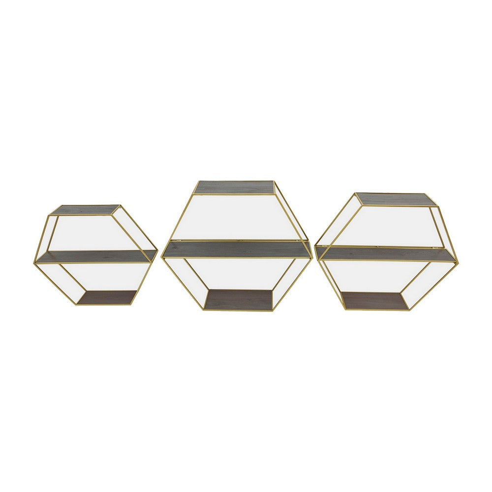 Fedo Wall Shelf Set of 3, Gold Metal, Modern Hex Folding, Wood Gray By Casagear Home