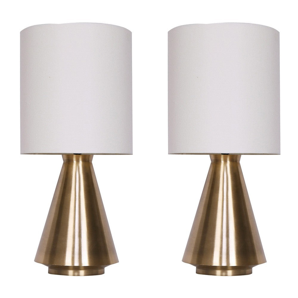 24 Inch Table Lamp Set of 2, White Drum Shade, Antique Brass Cone Base By Casagear Home