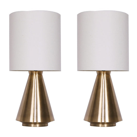 24 Inch Table Lamp Set of 2, White Drum Shade, Antique Brass Cone Base By Casagear Home