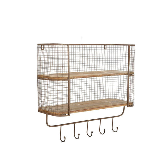 23 Inch Wood Shelf, 2 Tiers, Metal Mesh Frame, Hanging Hooks, Brown Finish By Casagear Home