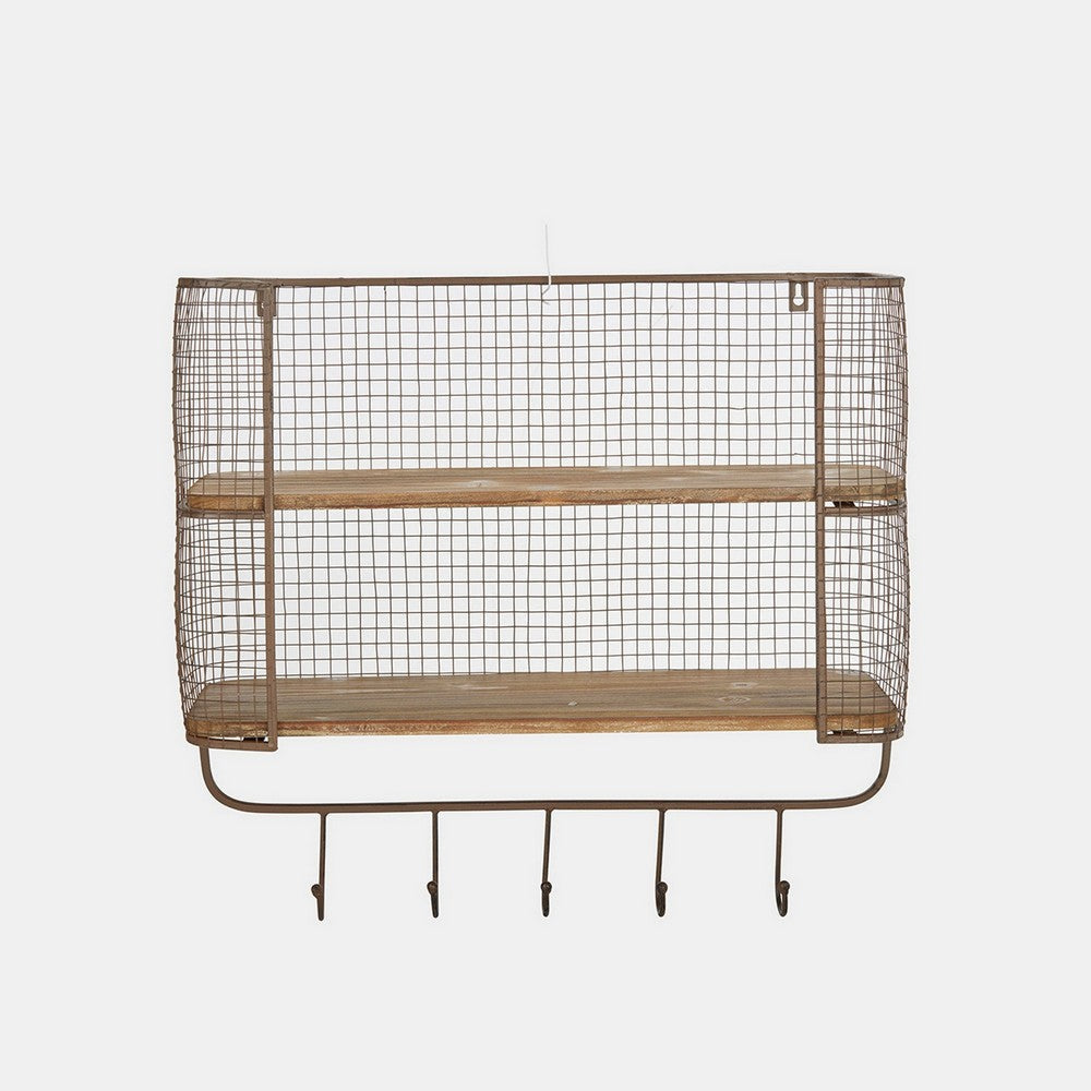 23 Inch Wood Shelf 2 Tiers Metal Mesh Frame Hanging Hooks Brown Finish By Casagear Home BM309627