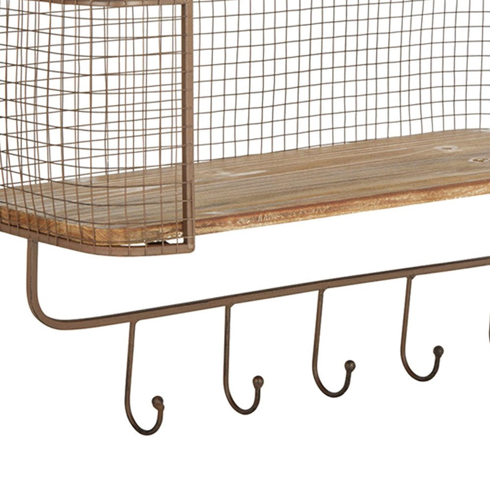 23 Inch Wood Shelf 2 Tiers Metal Mesh Frame Hanging Hooks Brown Finish By Casagear Home BM309627