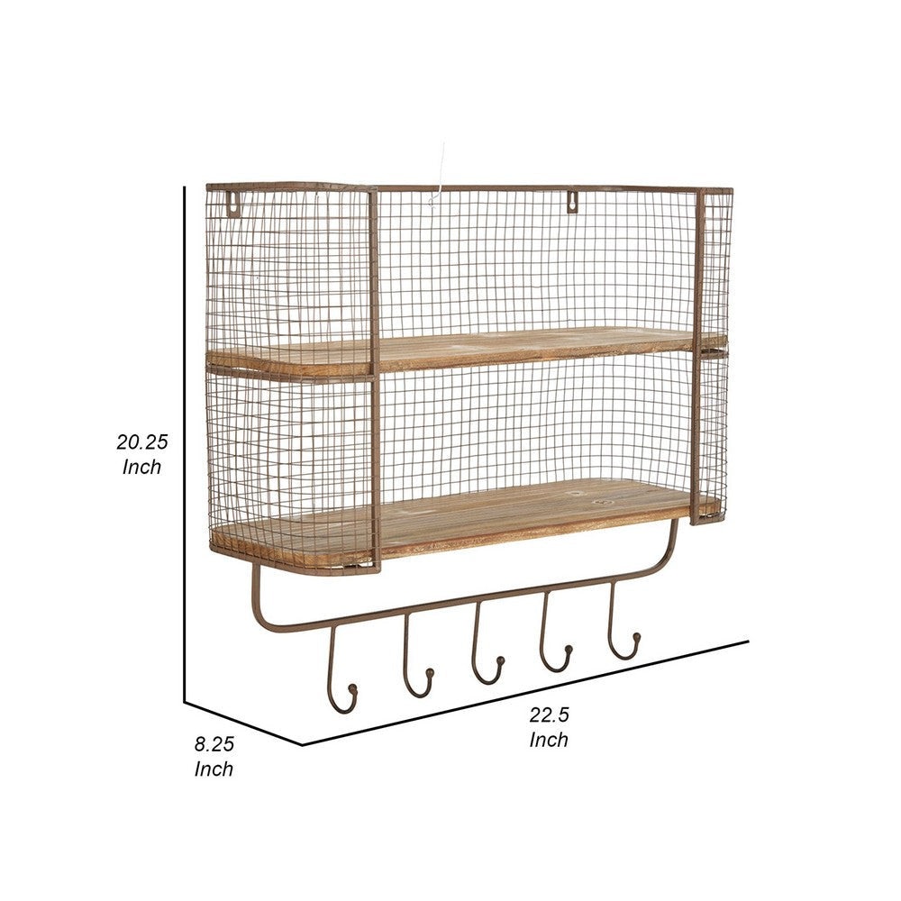 23 Inch Wood Shelf 2 Tiers Metal Mesh Frame Hanging Hooks Brown Finish By Casagear Home BM309627