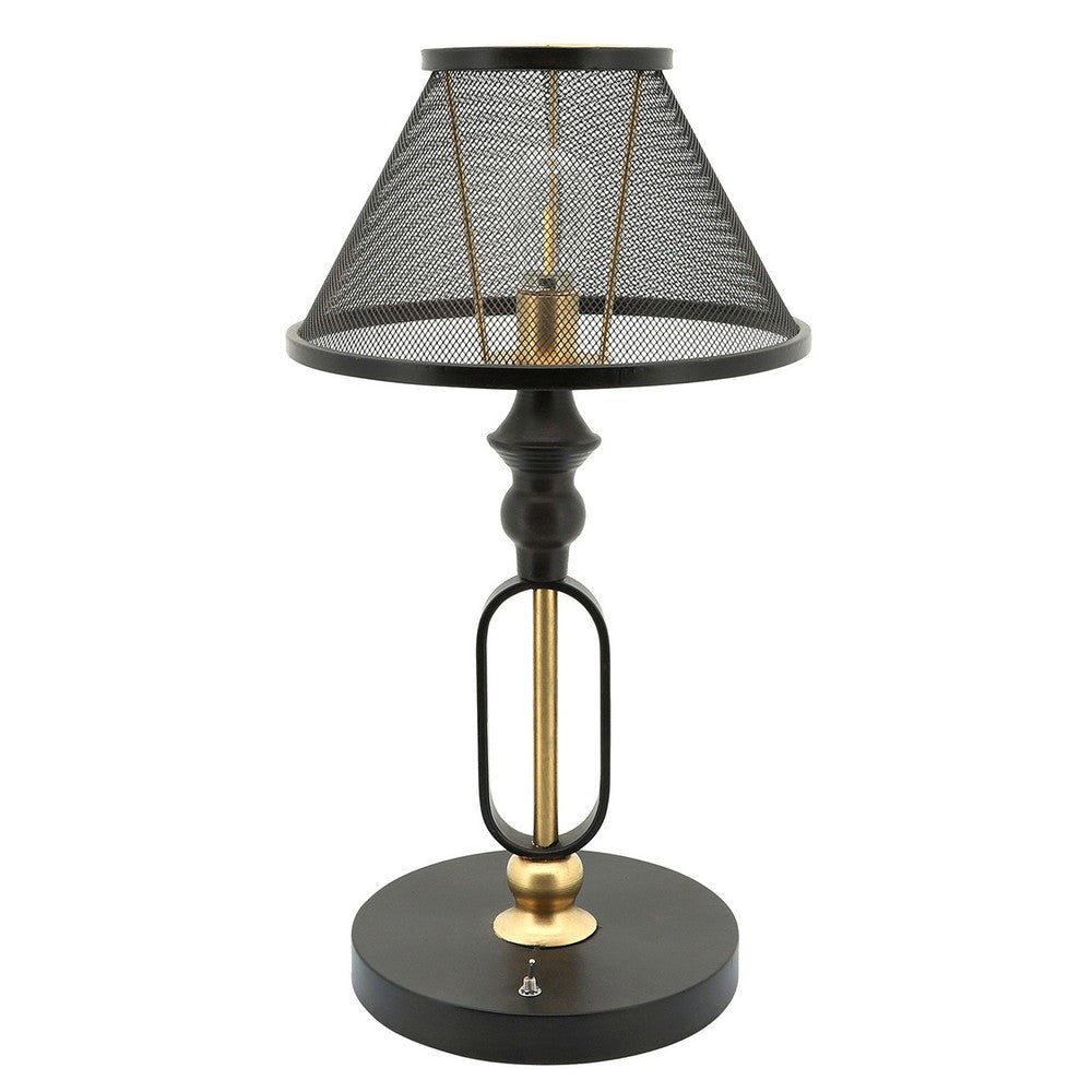 19 Inch Table Lamp, Round Metal Mesh Shade, Hollow Body, Black, Gold Stand By Casagear Home