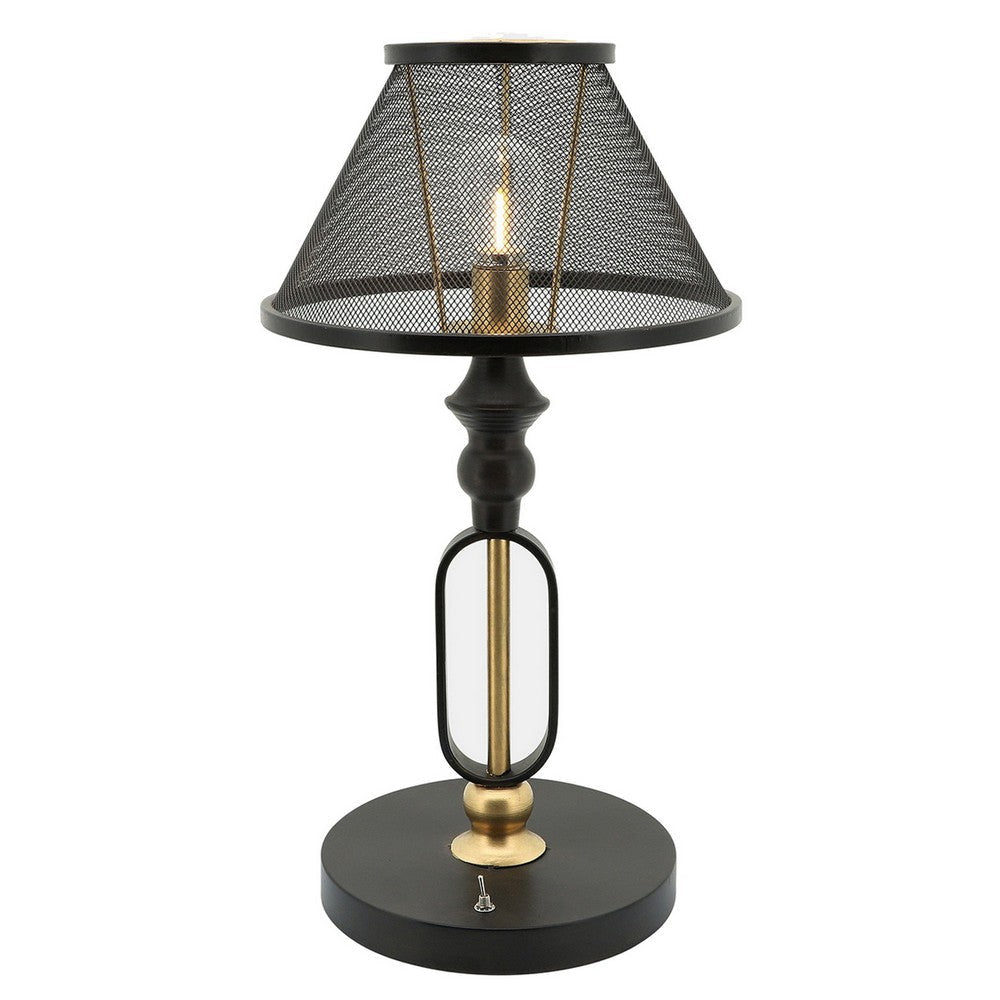 19 Inch Table Lamp Round Metal Mesh Shade Hollow Body Black Gold Stand By Casagear Home BM309628