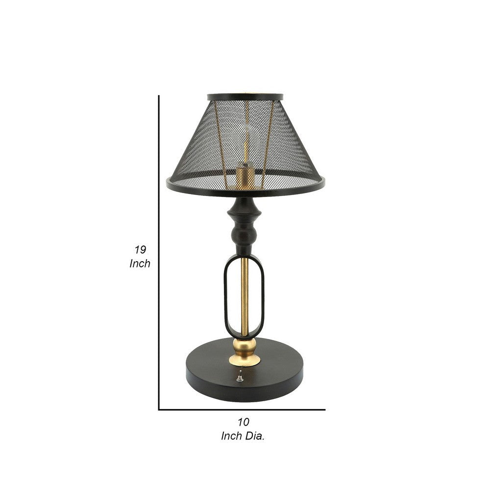 19 Inch Table Lamp Round Metal Mesh Shade Hollow Body Black Gold Stand By Casagear Home BM309628