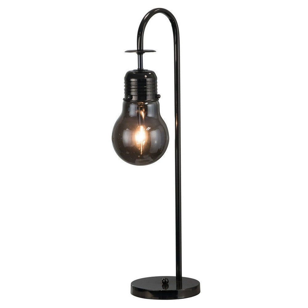 30 Inch Arc Table Lamp, Glass Bulb Shaped Shade, Metal, Black Nickel By Casagear Home