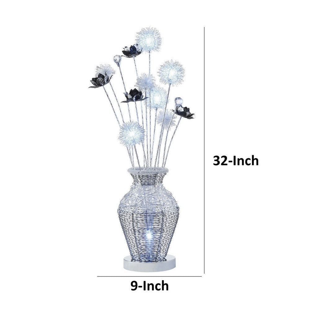 32 Inch Accent Table Lamp Metal Flowers with Vase Design Chrome Finish By Casagear Home BM309676