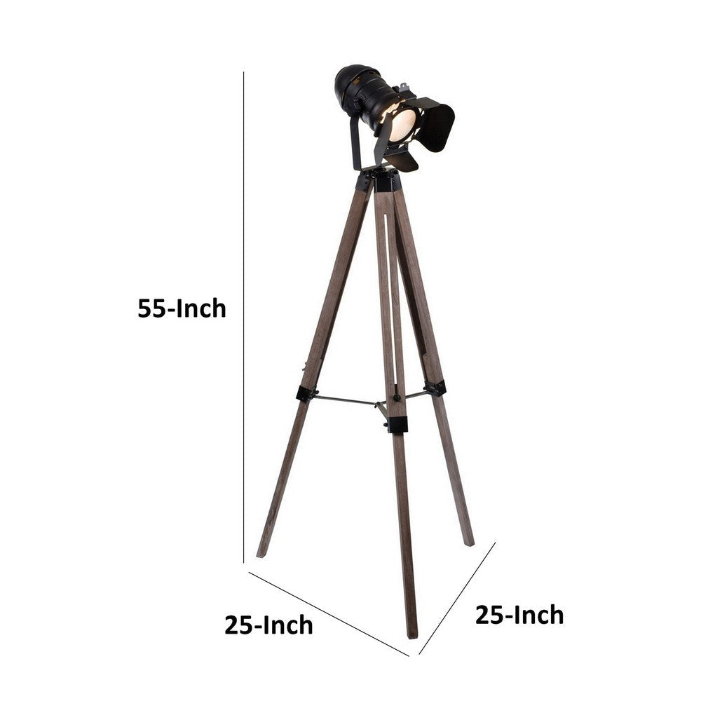 55 Inch Floor Lamp with Tripod Style Wood Frame Spotlight Brown and Black By Casagear Home BM309688