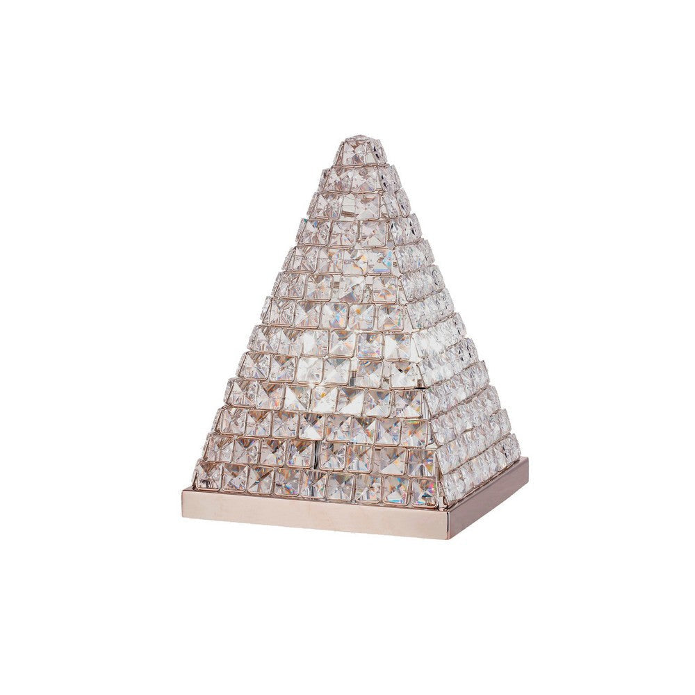 14 Inch Table Lamp, Crystal Pyramid Shaped Frame, Stone Studded, Silver By Casagear Home