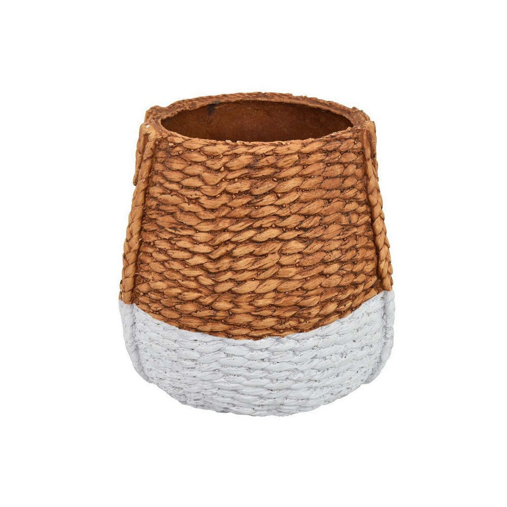 Reno 15 Inch Planter, Rope Woven Design, White and Brown Finished Resin By Casagear Home