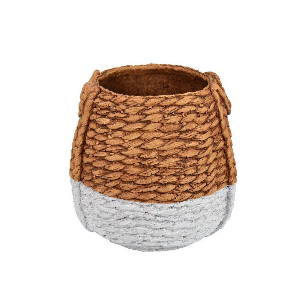 Reno 12 Inch Planter, Rope Woven Design, White and Brown Finished Resin By Casagear Home