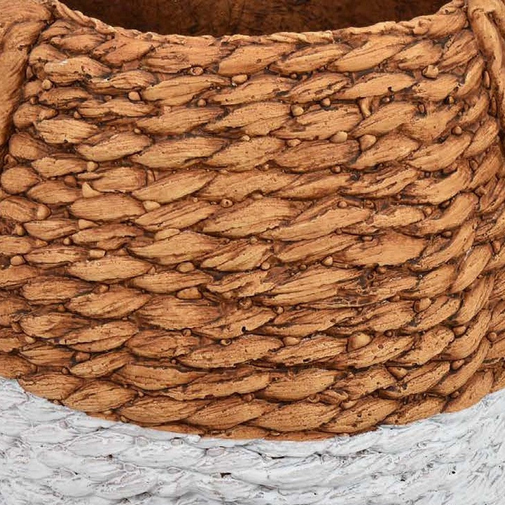 Reno 12 Inch Planter Rope Woven Design White and Brown Finished Resin By Casagear Home BM309750