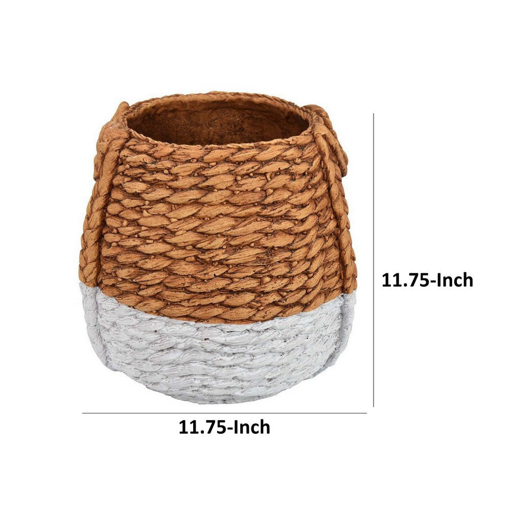 Reno 12 Inch Planter Rope Woven Design White and Brown Finished Resin By Casagear Home BM309750