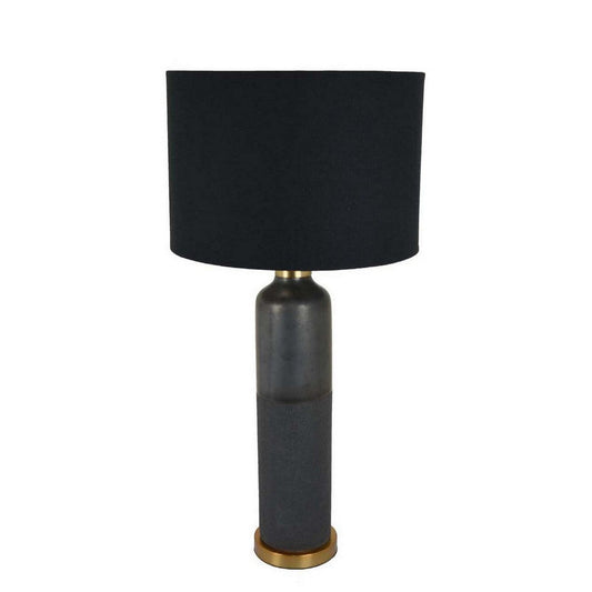 32 Inch Table Lamp, Drum Shade, Ceramic Cylinder Body, Matte Black Finish By Casagear Home