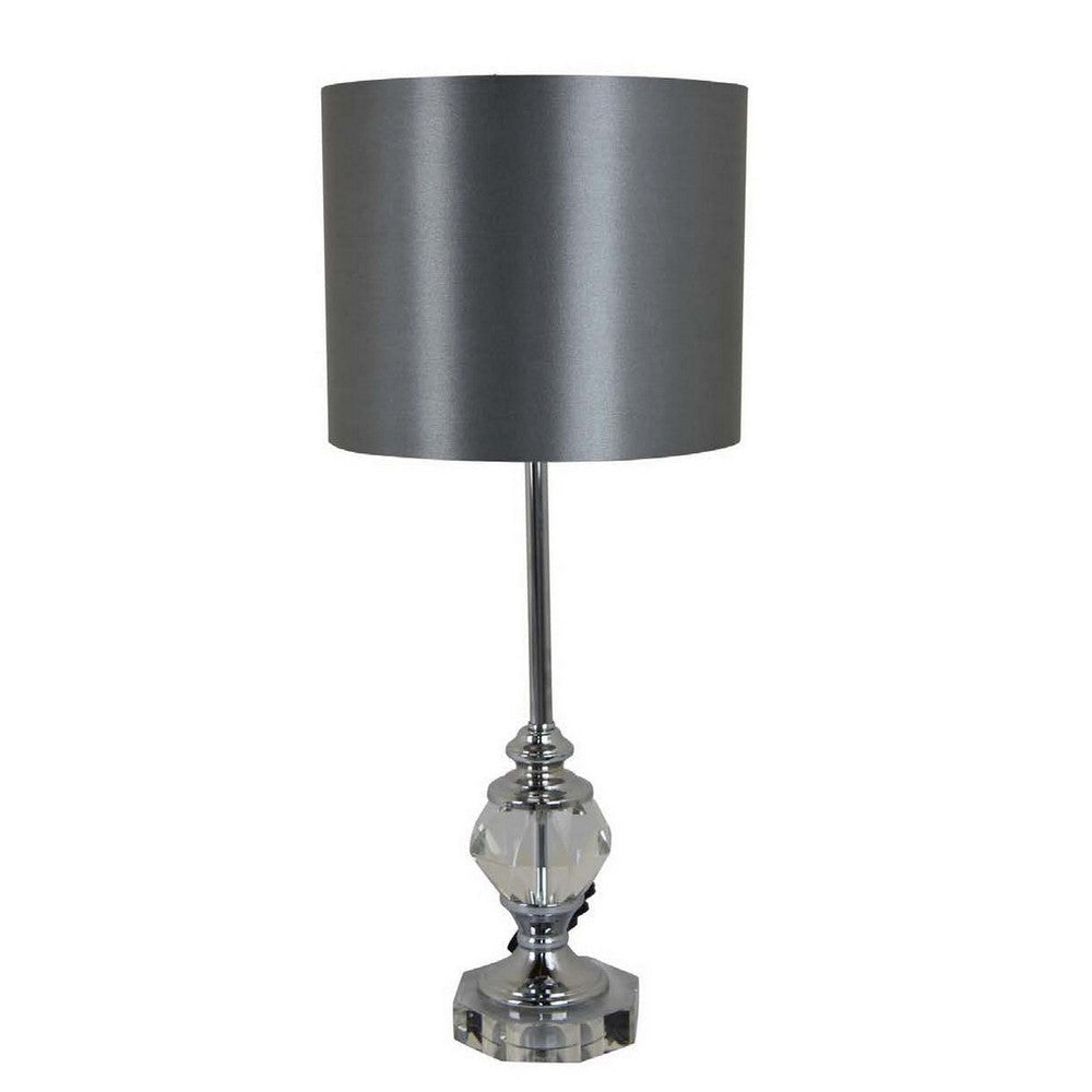 25 Inch Table Lamp, Gray Drum Shade, Modern Clear Glass Finial Body, Gray By Casagear Home