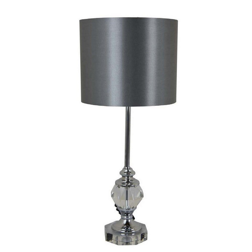 25 Inch Table Lamp Gray Drum Shade Modern Clear Glass Finial Body Gray By Casagear Home BM309805