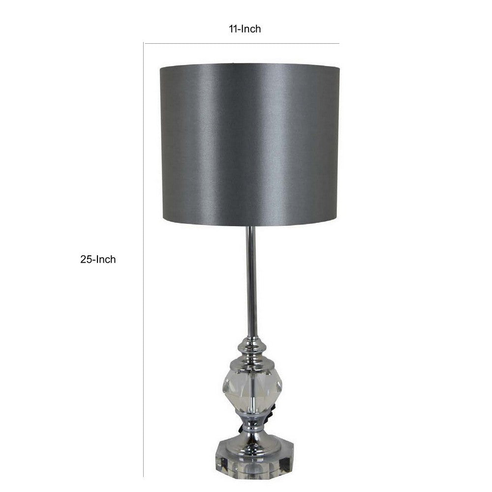 25 Inch Table Lamp Gray Drum Shade Modern Clear Glass Finial Body Gray By Casagear Home BM309805