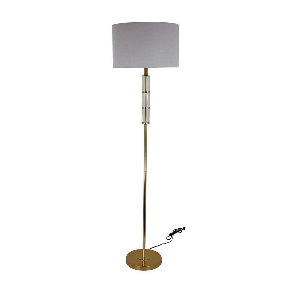 62 Inch Floor Lamp, White Drum Shade, Sleek Silhouette, Clear Glass Accents By Casagear Home