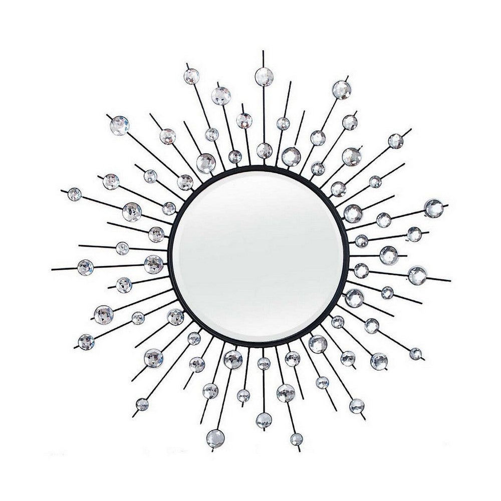 32 Inch Wall Decor, Round Mirror, Sunburst Style, Metal, Black, Silver By Casagear Home