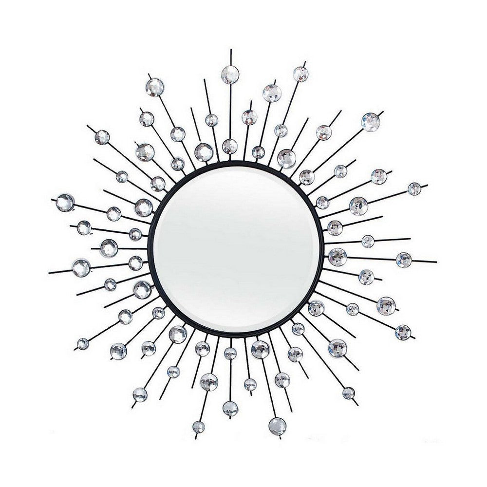 32 Inch Wall Decor Round Mirror Sunburst Style Metal Black Silver By Casagear Home BM309819